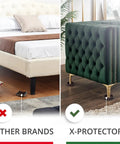 Comparison of Non Slip Rubber Furniture Cups under bed and sofa showing effectiveness in keeping furniture in place on wooden floor.