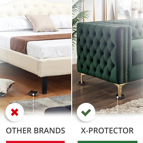 Comparison of Non Slip Rubber Furniture Cups under bed and sofa showing effectiveness in keeping furniture in place on wooden floor.