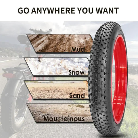 26x4.0 Inch Beefy Fat Bike Tire And Tube For Electric Bikes Foldable Replacement Tire All Terrain Mountain Snow Urban City Street Road Bicycle Anti Puncture Layer Durable Nylon And Rubber Construction for mud, snow, sand, and mountain use