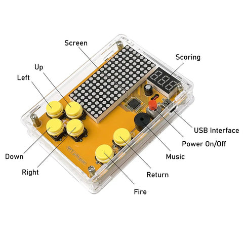 Hands On Soldering Game Kit With Five Retro Classics In An Acrylic Case, USB Cable And Battery Box, Big 12mm Buttons