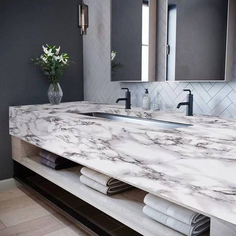 Bathroom countertop with Marble Peel And Stick Wallpaper Glossy Marble Contact Paper for Countertops in Black White Gray Waterproof