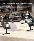 Modular Electric Standing Desk Featuring Expandable L Shaped Layout For Makers And Tech Crews with dual monitors and modular storage.