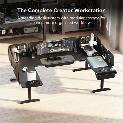 Modular Electric Standing Desk Featuring Expandable L Shaped Layout For Makers And Tech Crews with dual monitors and modular storage.