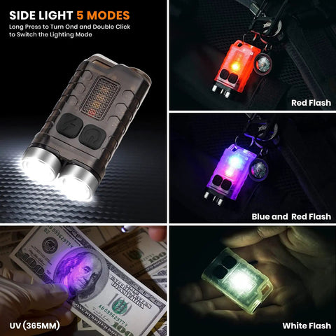 Rechargeable Keychain EDC Flashlight, 900 Lumens Tiny Yet Mighty Pocket Rocket Mini LED Light showing different light modes.