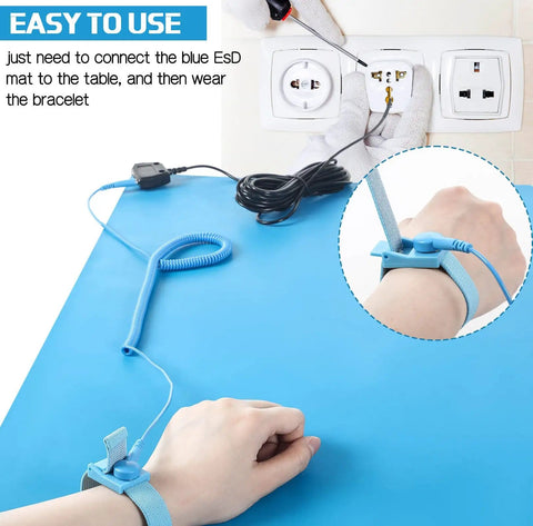 Anti Static Mat Kit With Heat Resistant ESD Mats Pro Grade Wrist Strap Grounding Cord And Soldering Table Pad For Computer PC Build And Electronics Repair Includes 1 Mat 1 Wrist Strap And Grounding Cord setup with wrist strap connected for use.
