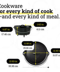 Measurements of Seasoned 8 Quart Cast Iron Camp Dutch Oven With Lid Dual Handles Heavy Duty Camping Cookware shown
