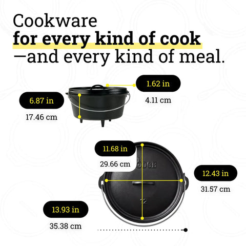 Measurements of Seasoned 8 Quart Cast Iron Camp Dutch Oven With Lid Dual Handles Heavy Duty Camping Cookware shown