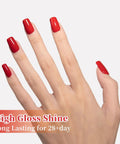 Hand with red nails using Dope Big Apple Red Gel Polish Salon Grade 0.5 Fl Oz Soak Off UV LED Cure For 60 To 90 Seconds Safe Low Odor HEMA Free And TPO Free Nail Lacquer