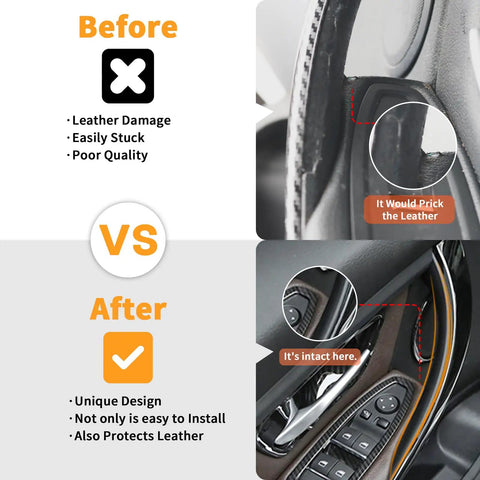 Comparison of BMW Interior Door Pull Handle Covers before and after install for BMW 3/4 Series 2012-2018 F30 F31 durability improvement