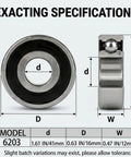 Diagram of Premium Quality 6203-2RS Sealed Ball Bearings Chrome Steel Double Shielded dimensions and specifications.