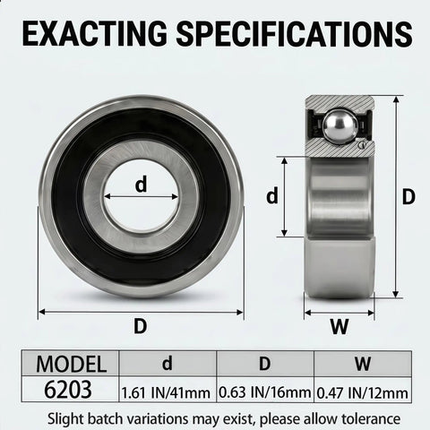 Diagram of Premium Quality 6203-2RS Sealed Ball Bearings Chrome Steel Double Shielded dimensions and specifications.