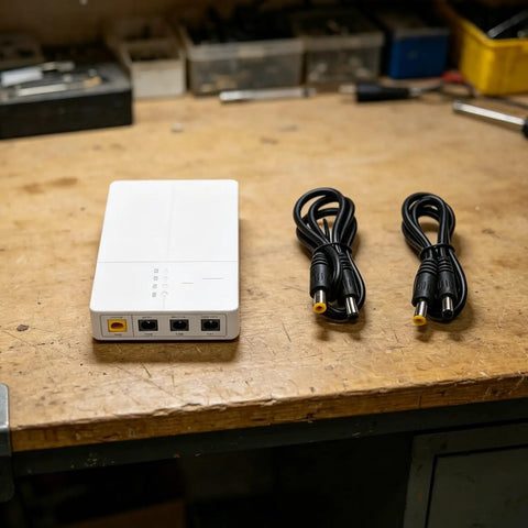 Keep The Wifi Alive With This Solid 7800mAh UPS Battery Backup, showing the unit and two DC output cables on a workbench.