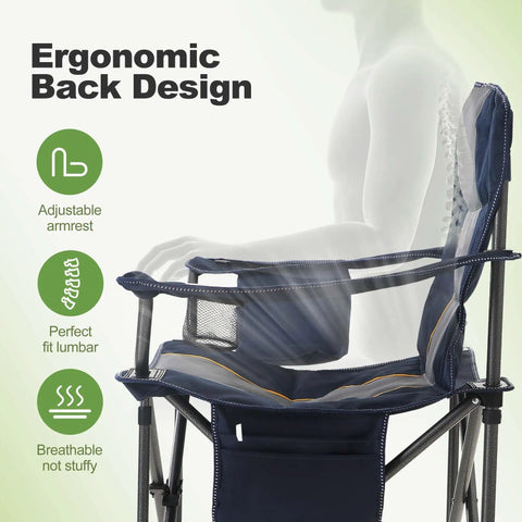 Oversized Heavy Duty Folding Camping Chair Outdoor With Cup Holder Storage And Built In Cooler Thick 600D Oxford Fabric 450 Lbs Weight Capacity Easy Fold And Stow Comfortable Padded Seat Two Pack showing ergonomic back design