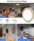 Battery Powered Motion Sensor LED Ceiling Lights With Auto On Off, multiple control options in home setting, collage image