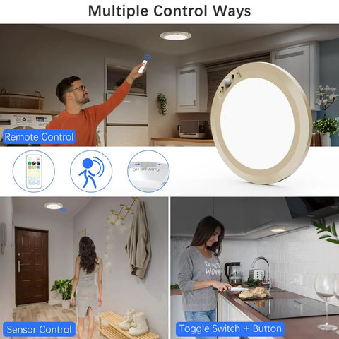 Battery Powered Motion Sensor LED Ceiling Lights With Auto On Off, multiple control options in home setting, collage image