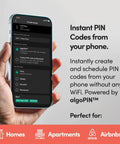 Hand holding smartphone displaying app for Go Smart Lock With Fingerprint And Digital Keys, Remote PIN Codes, WiFi Bridge Sold Separately.