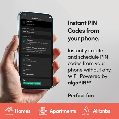 Hand holding smartphone displaying app for Go Smart Lock With Fingerprint And Digital Keys, Remote PIN Codes, WiFi Bridge Sold Separately.