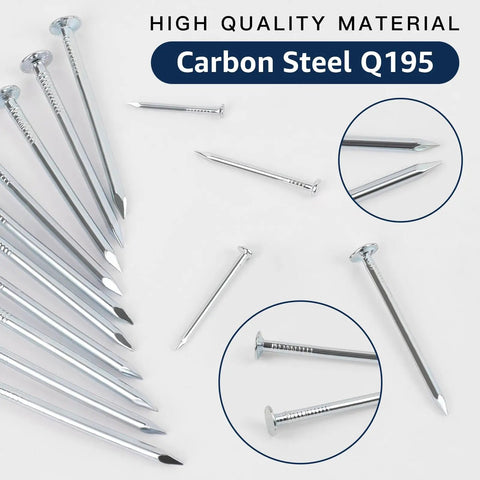 400 Piece Picture Hanging Nails Set With Five Sizes Up To 2 Inches, galvanized nails in various sizes, close-up view