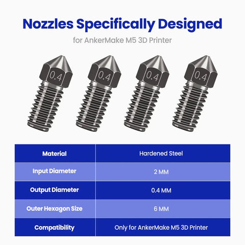 Built Tough Hardened Steel 3D Printer Nozzles 0.4mm Four Pack Precision Upgrades For AnkerMake M5 And M5C Fits Most Machines Delivers Top Shelf Performance And Seamless Extrusion For No Stress Printing Days