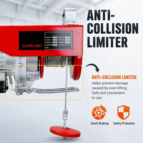 Heavy Duty CelyToe Electric Wire Rope Hoist With Dual Wireless And Wired Control Remote Auto Lock Brake Safety Switch For Light Cargo Lifting Tasks 20 Meters Cable showing anti-collision limiter feature.