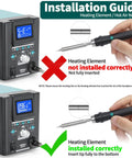 Installation guide showing correct and incorrect installation of heating element in Pro Grade Hot Air Rework Station With Tiltable Display.