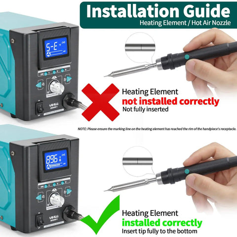 Installation guide showing correct and incorrect installation of heating element in Pro Grade Hot Air Rework Station With Tiltable Display.
