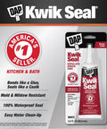 Kwik Seal Kitchen And Bath Adhesive Caulk White 2.8 Oz Waterproof Sealant packaging with features listed