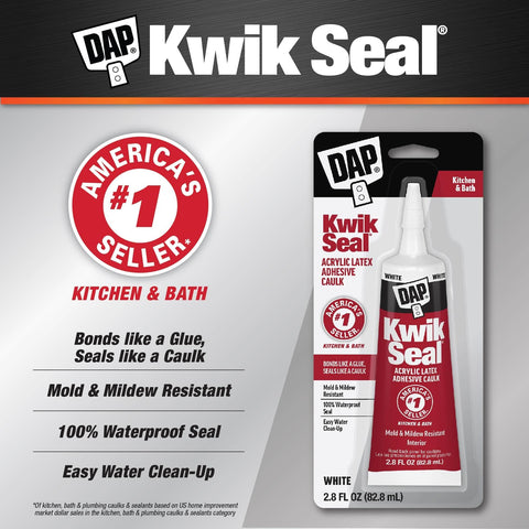 Kwik Seal Kitchen And Bath Adhesive Caulk White 2.8 Oz Waterproof Sealant packaging with features listed