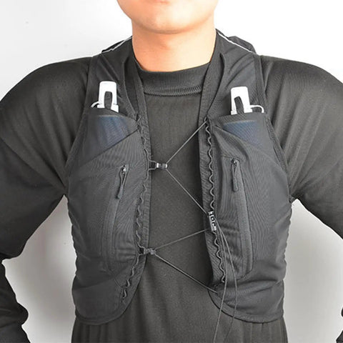 Lightweight Hands-Free Hydration Vest For Hiking And Trail Running, 2L Water Bladder, Nylon TPU Pack on person in black outfit