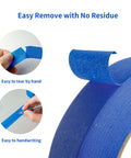 Blue Painters Tape 1 Inch Wide Residue Free Masking Tape For Sharp Clean Lines On Walls No Mess Easy Peel Sticks To Surfaces Like A Pro 60 Yards Per Roll Six Rolls Total 360 Yards Great For Delicate Wood Trim Glass Metal Porcelain shown with peeling feature and ease of handwriting.