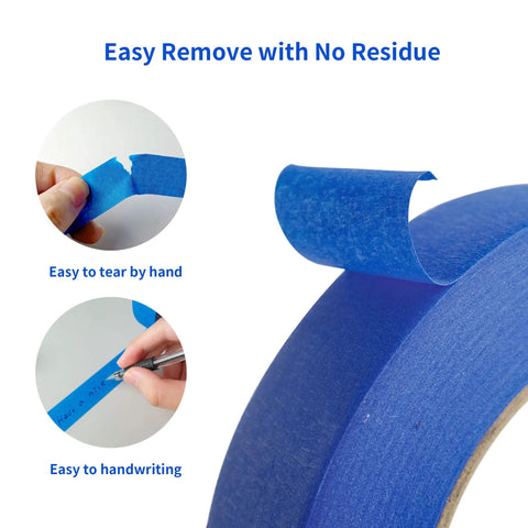 Blue Painters Tape 1 Inch Wide Residue Free Masking Tape For Sharp Clean Lines On Walls No Mess Easy Peel Sticks To Surfaces Like A Pro 60 Yards Per Roll Six Rolls Total 360 Yards Great For Delicate Wood Trim Glass Metal Porcelain shown with peeling feature and ease of handwriting.