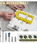 Heavy Duty Door Hinge Routing Template Fits Three To Five Inch Hardware For One Point Three Eighths Inch Or Three Quarters Inch Thick Boards in use with accessories.