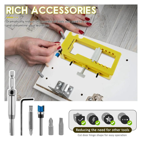 Heavy Duty Door Hinge Routing Template Fits Three To Five Inch Hardware For One Point Three Eighths Inch Or Three Quarters Inch Thick Boards in use with accessories.