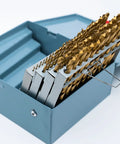 60 Piece Titanium Nitride Coated Drill Bit Set With Indexed Case High Speed Steel Sizes 1 Through 60 From 0.228 In To 0.040 In Heavy Duty Metalworking Bits For Wood Metal Plastic DIY And Pros in metal case.