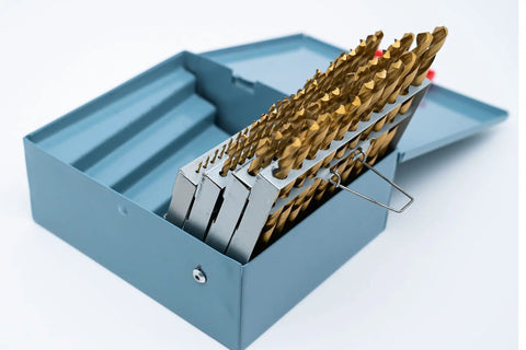60 Piece Titanium Nitride Coated Drill Bit Set With Indexed Case High Speed Steel Sizes 1 Through 60 From 0.228 In To 0.040 In Heavy Duty Metalworking Bits For Wood Metal Plastic DIY And Pros in metal case.
