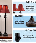 Buffet Table Lamps Set Of 2 With Bronze Finish And Burgundy Fabric Shade, 25.75 Inches Tall, lamp base and shade details