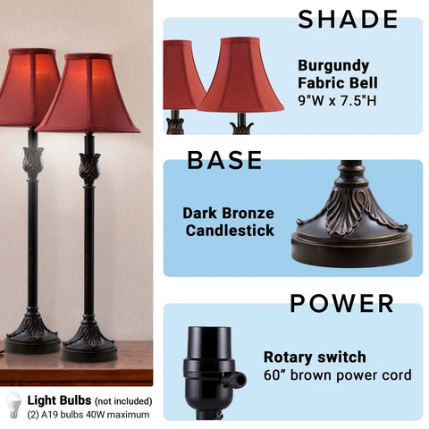 Buffet Table Lamps Set Of 2 With Bronze Finish And Burgundy Fabric Shade, 25.75 Inches Tall, lamp base and shade details
