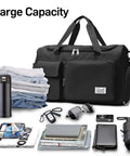 Sports Duffel Bag With Shoe Compartment And Wet Dry Separated Pocket showing large capacity with clothes and accessories around it