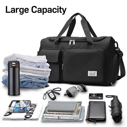Sports Duffel Bag With Shoe Compartment And Wet Dry Separated Pocket showing large capacity with clothes and accessories around it