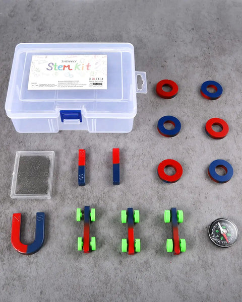 Magnetism Science Kit for Kids and Teens Hands On Physics Experiments STEM Education Toy Set with Magnets Iron Filings Car Magnets Compass displayed on table