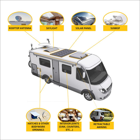 RV diagram showing skylight, solar panel, and sunroof uses for Do It All Black Polyurethane Sealant Adhesive, 10.1 Fl Oz