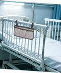 Bed Rail Organizer With Four Pockets And Cup Holder, Hanging Bedside Storage Caddy In Gray Fabric For Caregivers And Hospital Use