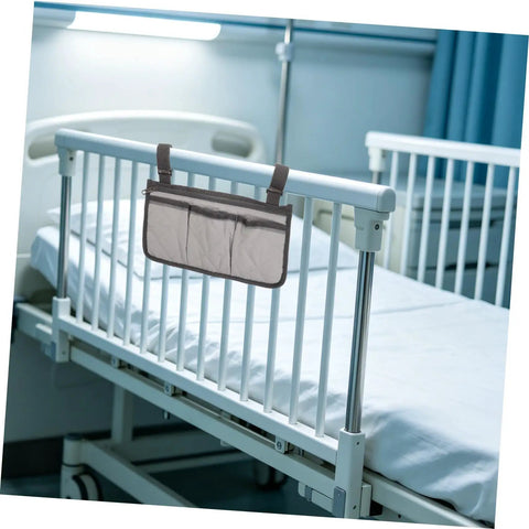 Bed Rail Organizer With Four Pockets And Cup Holder, Hanging Bedside Storage Caddy In Gray Fabric For Caregivers And Hospital Use
