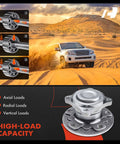 Beefed Up Wheel Bearing And Hub Assembly For Front And Rear Fitment For BMW i3 2014 2019 And Mini Cooper 2016 2017 Cooper Clubman 2016 2019 Front Or Rear FWD Only Replacement Kit With Durable Bearings And Seals on display with high-load capacity illustration and SUV in desert.