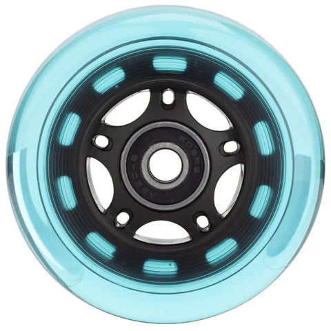 Close-up of a blue 80mm 85A inline skate wheel from the Inline Skate Wheel Replacement Kit with ABEC 9 Bearings and floating spacers.