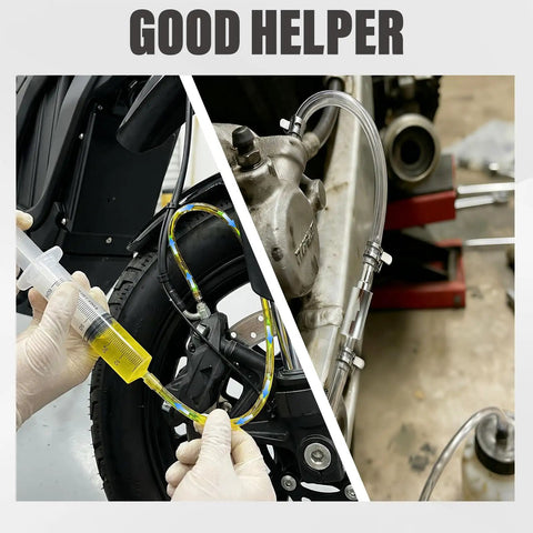 Brake Bleeder Kit For Cars And Motorbikes With 1L Bleeder Bottle, 2 One Way Check Valves, 60ml Syringe in use on motorcycle wheel