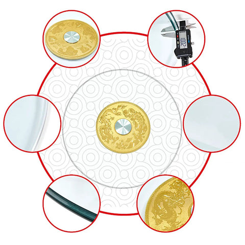 Tempered Glass Lazy Susan Turntable For Kitchen And Dining Tables with detailed close-ups of 360-degree bearing and glass thickness.