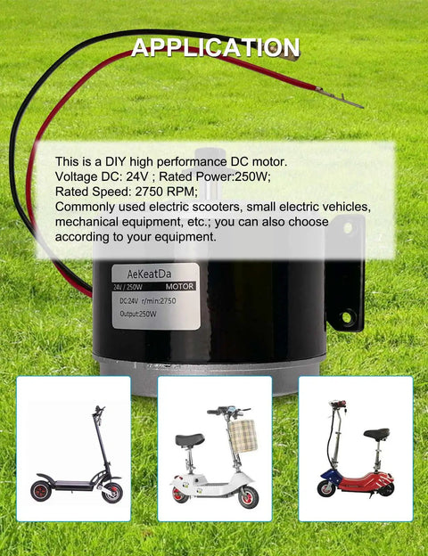 24V 250W Small Brushed Permanent Magnet DC Motor for DIY projects, labeled with specifications, used in scooters and electric vehicles.