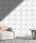 Thick Premium Vinyl Wallpaper Roll With Peel And Stick Application For Easy Peasy DIY Makeovers Featuring Light Neutral Color Aesthetic Vibe Scratch Resistant Surface Quick Room Refresh Backdrop covering a modern living room wall with a geometric design.