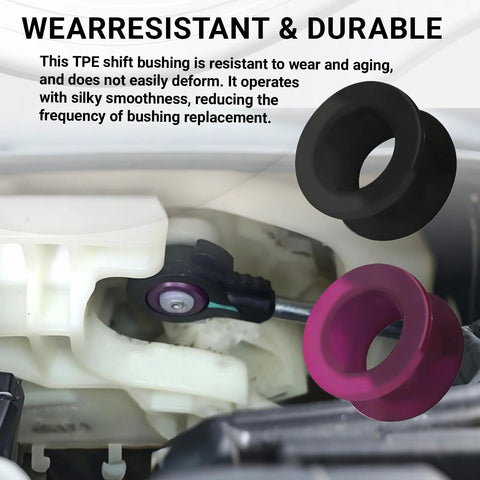 KoiLuvGo shift cable bushings, 2-pack for automatic transmission; black and magenta plastic bushings with clips, installed view